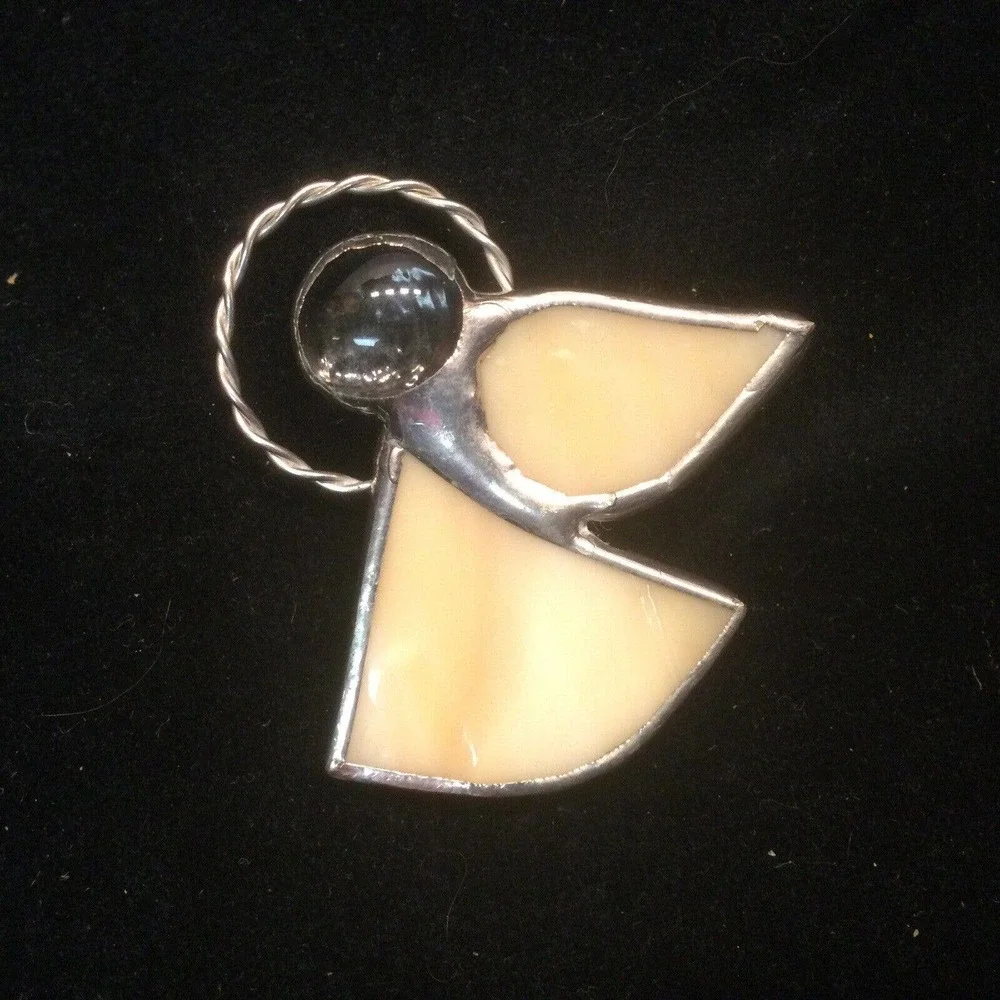 VTG Slag Glass Cream Angel Brooch Pin Silver Tone Christmas Holiday Halo 2”